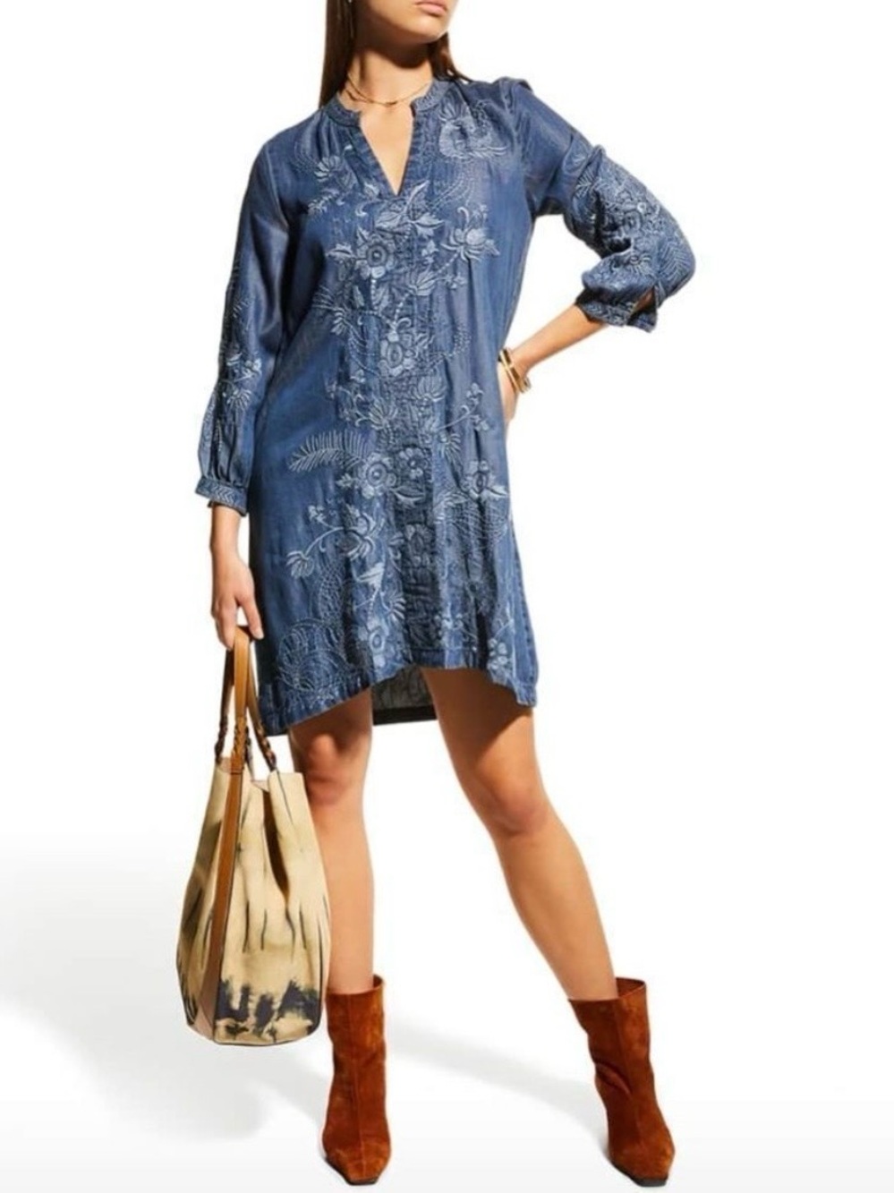 Johnny Was Workshop Kairi Embroidered Bishop Sleeve Chambray Dress Size S